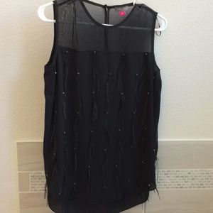 Vince Camuto rhinestones & feathers black top